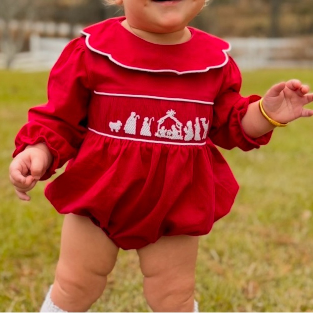 Girls Red Smocked Nativity Bubble